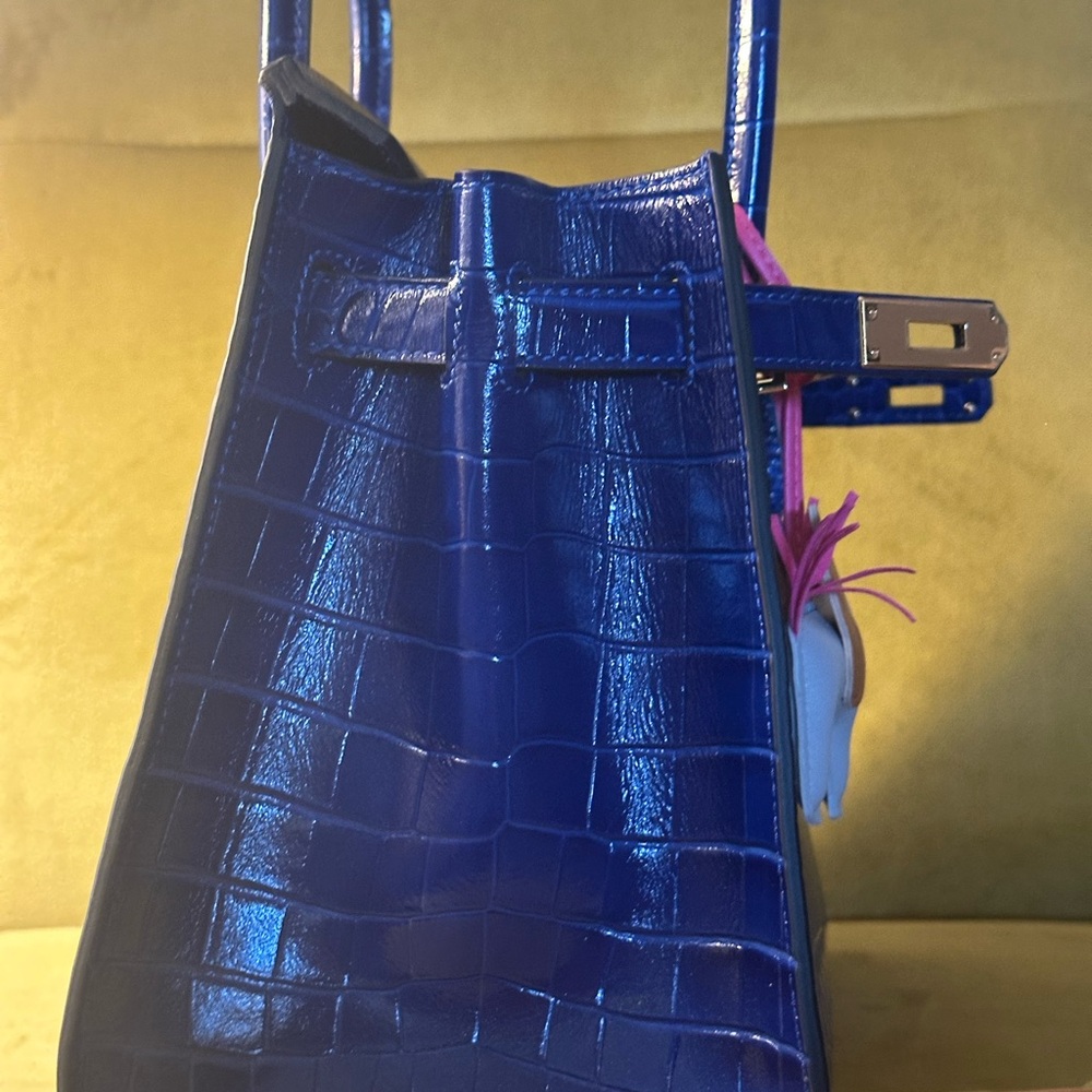 Blue Crocodile Embossed Leather Handbag with bag Charm - Picture 5 of 9